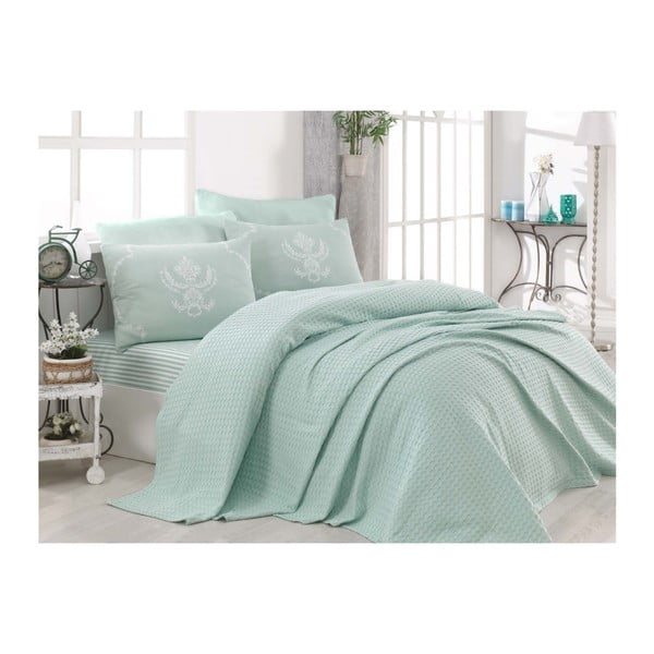 Комплект от светлозелена памучна покривка за легло, чаршаф и 2 калъфки за възглавници за двойно легло Turro Mint, 200 x 235 cm Pure - Mijolnir