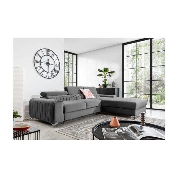 Сив кадифен разтегателен ъглов диван с място за съхранение (десен ъгъл) Grayson – ELTAP-image-1