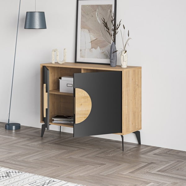 Нисък скрин с дъбов декор в черно-натурален цвят 110x82 cm Vae - Marckeric-image-4