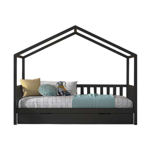 Детско антрацитно разтегателно детско легло къща от масивен бор с място за съхранение 90x200 cm DALLAS – Vipack
