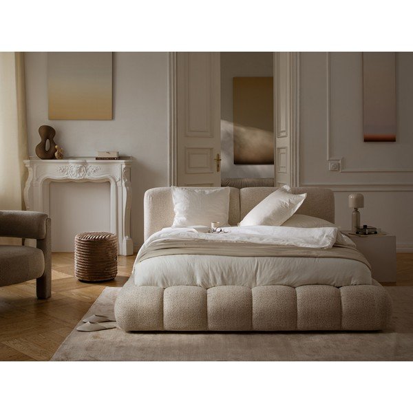 Двойно легло тапицирано с място за съхранение и включена подматрачна рамка  в цвят слонова кост 180x200 cm Solange – Micadoni -image-1