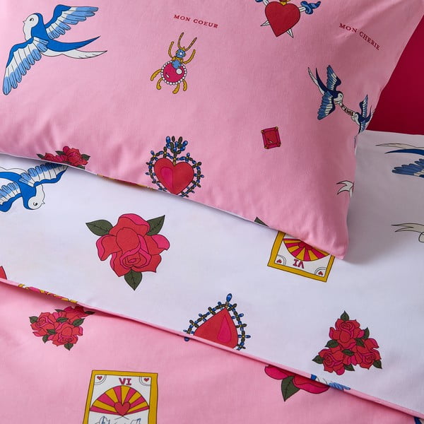 Бяло-розово единично  памучно спално бельо 135x200 cm Mon Coeur – Their Nibs-image-4