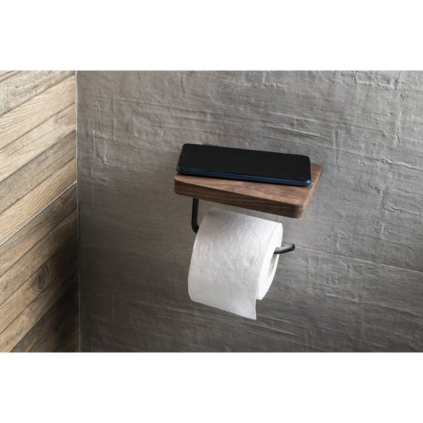 Кафяв стенен дървен  държач за тоалетна хартия с рафт – Sapho-image-2