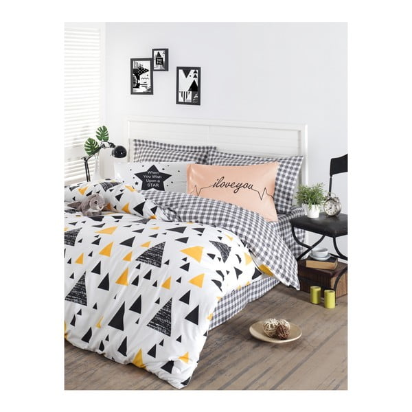 Ilove Памучен чаршаф за двойно легло с вграден чаршаф в черно и жълто, 160 x 220 cm - Mijolnir