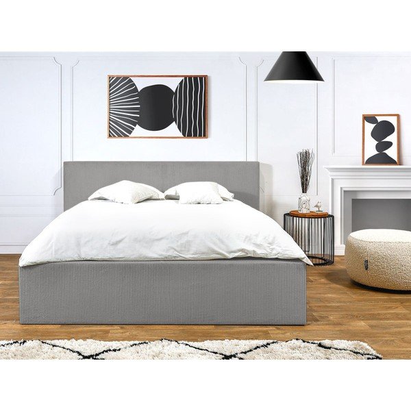 Светлосиво тапицирано двойно легло с място за съхранение с решетка 160x200 cm Nihad - Bobochic Paris-image-2