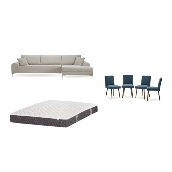 Комплект от кремав диван с мързелив диван отдясно, 4 сини стола и матрак 160 x 200 cm - Home Essentials