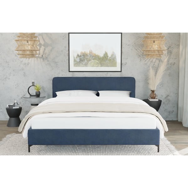 Тъмносиньо двойно тапицирано легло с включена подматрачна рамка 160x200 cm Barker – Ropez-image-3