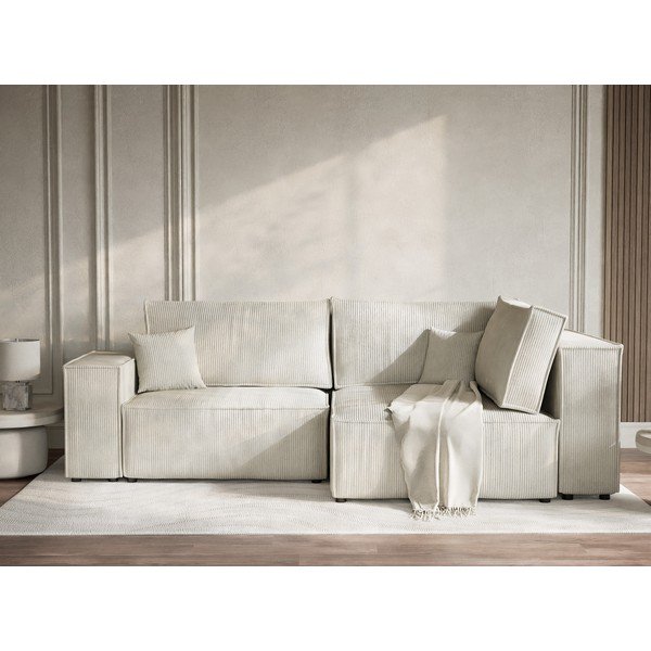 Кремав сгъваем/с място за съхранение ъглов диван от рипсено кадифе (десен ъгъл/L форма) Tonga – Maison de Rêve-image-1