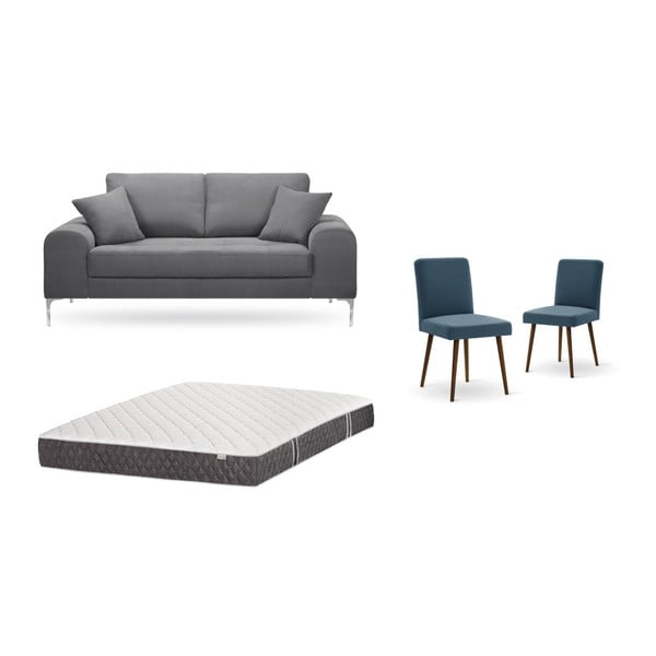Комплект от двуместен сив диван, 2 сини стола и матрак 140 x 200 cm - Home Essentials