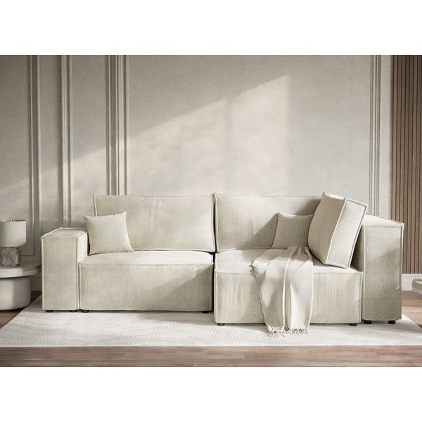 Кремав шенилов сгъваем/с място за съхранение ъглов диван (десен ъгъл/L форма) Tonga – Maison de Rêve-image-1