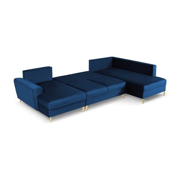Син кадифен разтегателен ъглов диван с място за съхранение (десен ъгъл/U форма) Kyoto – Cosmopolitan Design-image-2