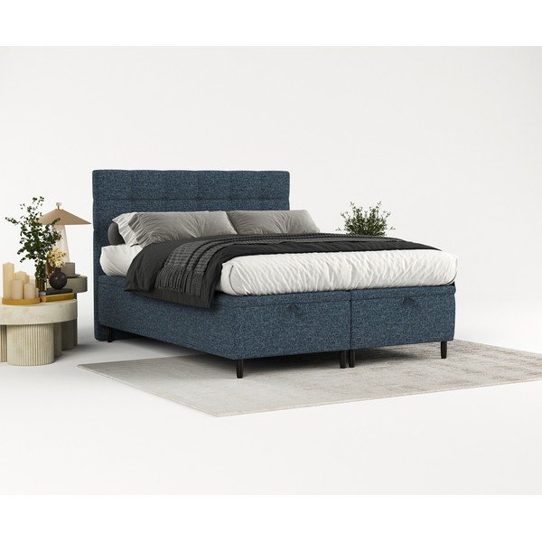 Тъмносиньо тапицирано двойно легло с място за съхранение 180x200 cm Senses – Maison de Rêve-image-1