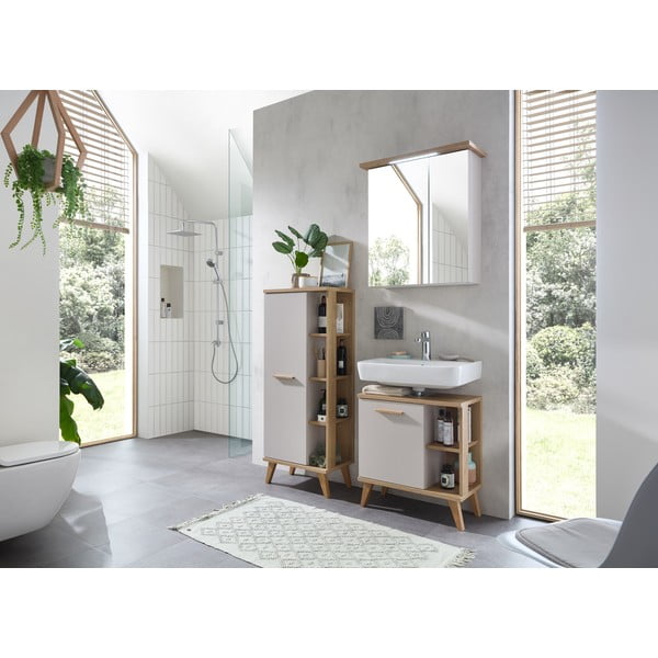 Кремав висок шкаф за баня от декор от дъб  50,5x128 cm Quickset 966 – Pelipal-image-3