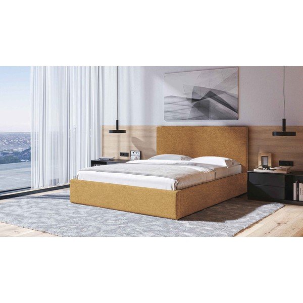 Тапицирано двойно легло с място за съхранение с включена подматрачна рамка в цвят жълта охра 160x200 cm Bufo – MESONICA-image-1