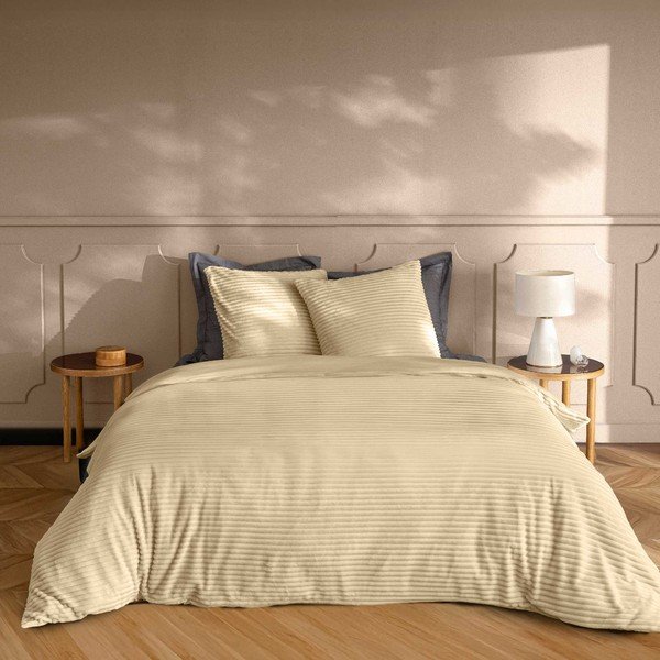 Бежово двойно /удължено 3 части фланелено спално бельо 240x220 cm Veloutea – douceur d'intérieur-image-1