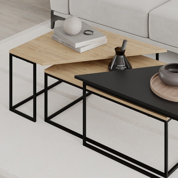 Масички за кафе в комплект от 3 с плот в дъбов декор в естествен цвят 70x110 cm Titan - Marckeric-image-4