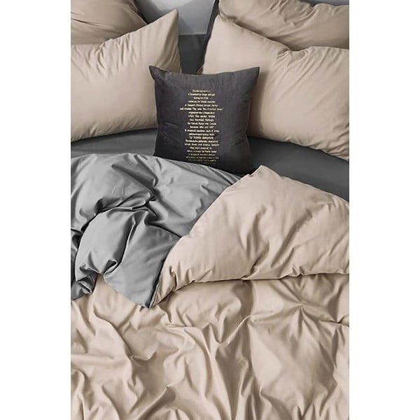 Сиво и бежово двойно удължено спално бельо от памук Renforcé с включен долен чаршаф, 4 части 200x220 cm – Mila Home