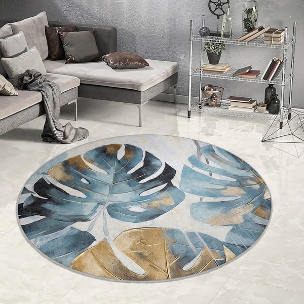 Син кръгъл килим подходящ за пране ø 80 cm Golden Leaves – Mila Home-image-4