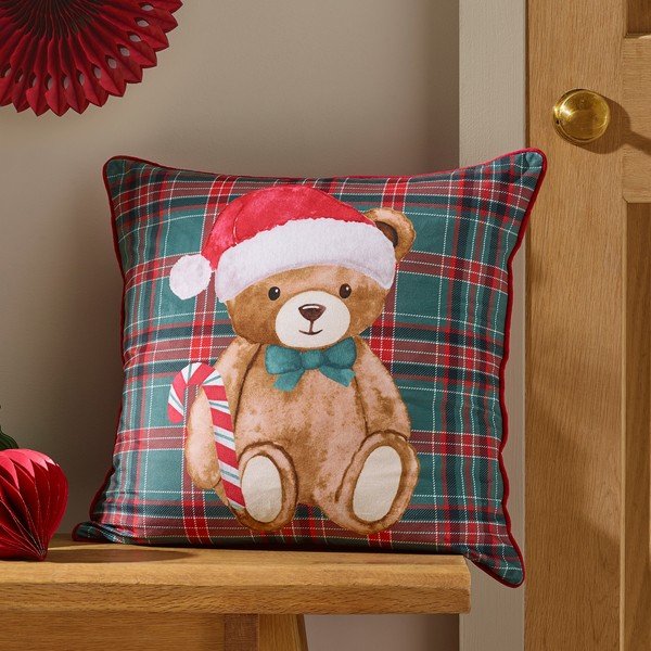 Декоративна възглавница с коледен мотив 45x45 cm Christmas Tartan Teddy Bear – Catherine Lansfield-image-1