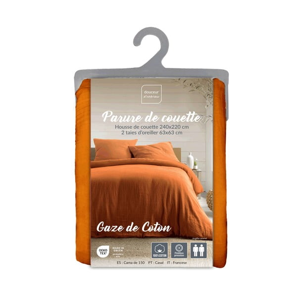 Оранжево/кафяво двойно удължено муселиново спално бельо 240x220 cm Angelia – douceur d'intérieur-image-3