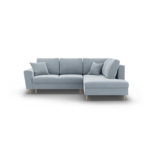 Светлосин кадифен разтегателен ъглов диван с място за съхранение (десен ъгъл/L форма) Kyoto – Cosmopolitan Design