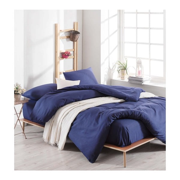 Синьо памучно спално бельо с чаршаф за двойно легло, 220 x 240 cm - Mijolnir