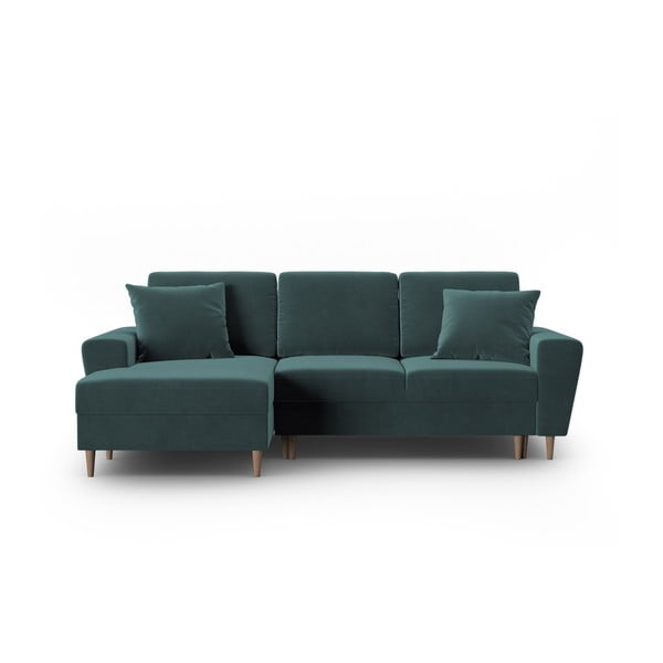 Кадифен разтегателен ъглов диван с място за съхранение в петролен цвят (ляв ъгъл) Kyoto – Cosmopolitan Design