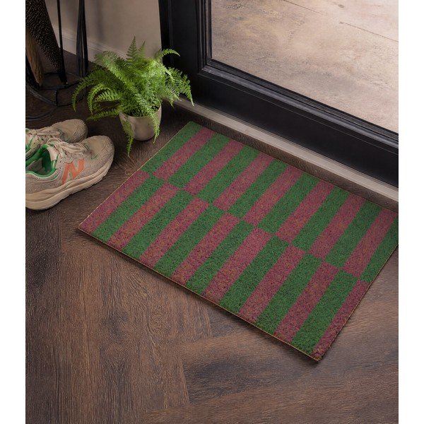 Изтривалка от кокосови влакна 40x60 cm Pink & Green Half Stripes – Artsy Doormats-image-1