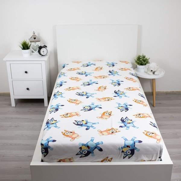 Бял еластичен единичен памучен детски чаршаф 90x200 cm Bluey – Jerry Fabrics-image-1