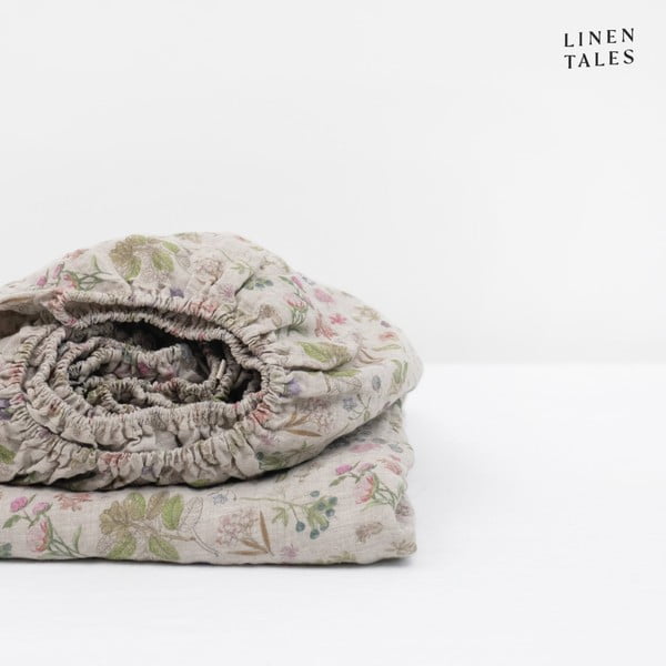 Еластичен ленен чаршаф в естествен цвят 90x190 cm Botany 2 – Linen Tales