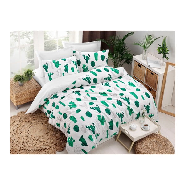 Спално бельо с чаршаф от памучна смес за двойно легло Зелено, 200 x 220 cm Kaktus - Mijolnir
