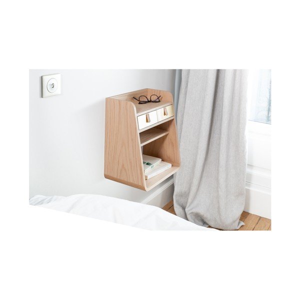 Nástěnná police v dekoru dubového dřeva s 2 bílými zásuvkami HARTÔ Suzon-image-2