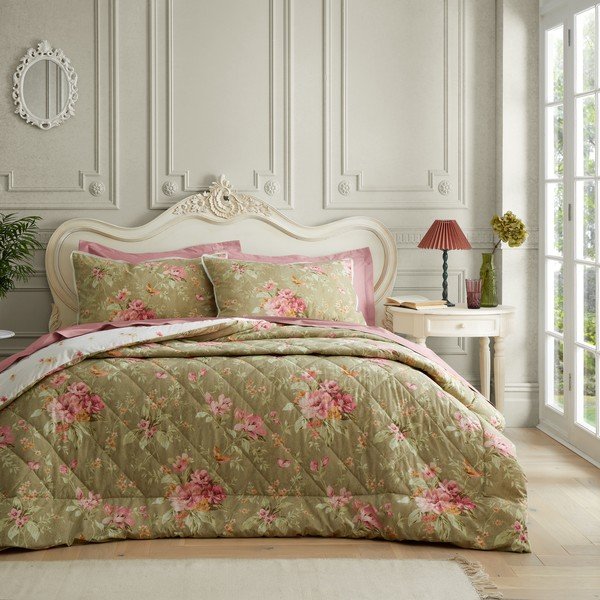 Зелено капитонирано покривало за легло 200x200 cm Penelope Floral – Catherine Lansfield-image-1