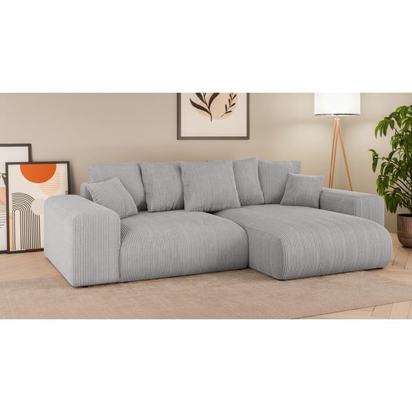 Светлосив разтегателен ъглов диван с място за съхранение от рипсено кадифе (променлив) Luma – Ropez-image-1