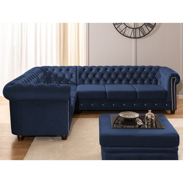 Син кадифен сгъваем ъглов диван (ляв ъгъл/L форма) York Blik – Ropez-image-4