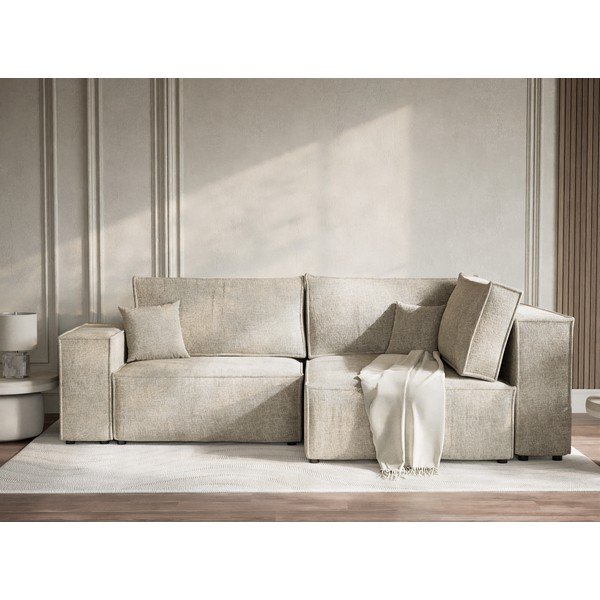 Бежов шенилов сгъваем/с място за съхранение ъглов диван (десен ъгъл/L форма) Tonga – Maison de Rêve-image-1