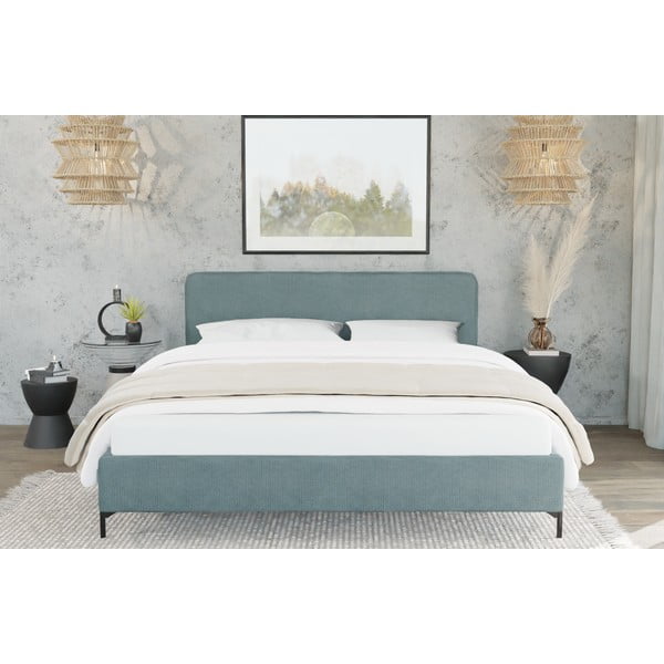 Светлосиньо двойно тапицирано легло с включена подматрачна рамка 160x200 cm Barker – Ropez-image-3
