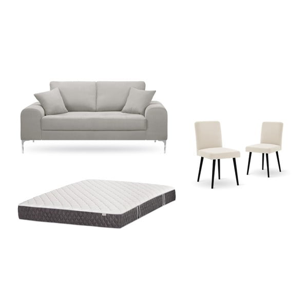 Комплект от двуместен светлосив диван, 2 кремави стола и матрак 140 x 200 cm - Home Essentials