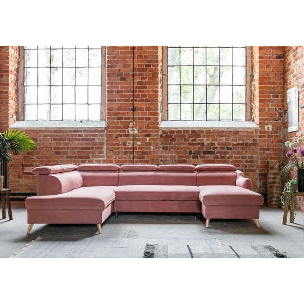 Светлорозов кадифен U-образен ъглов разтегателен диван (ляв ъгъл) Sweet Harmony - Miuform-image-1