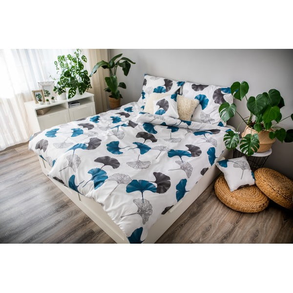 Синьо-сиво памучно спално бельо от сатен , 140 x 200 cm Ginko - Cotton House