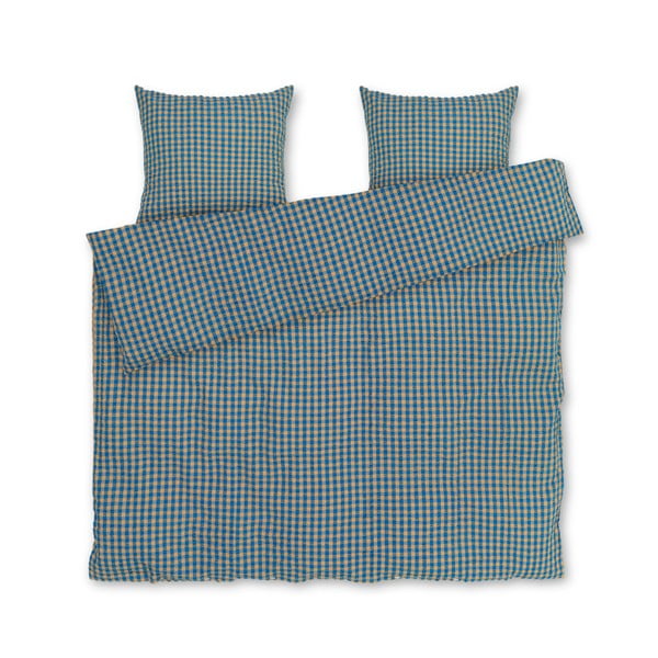 Жълто-синьо удължено крепирано спално бельо за двойно легло 200x220 cm Bæk&Bølge - JUNA
