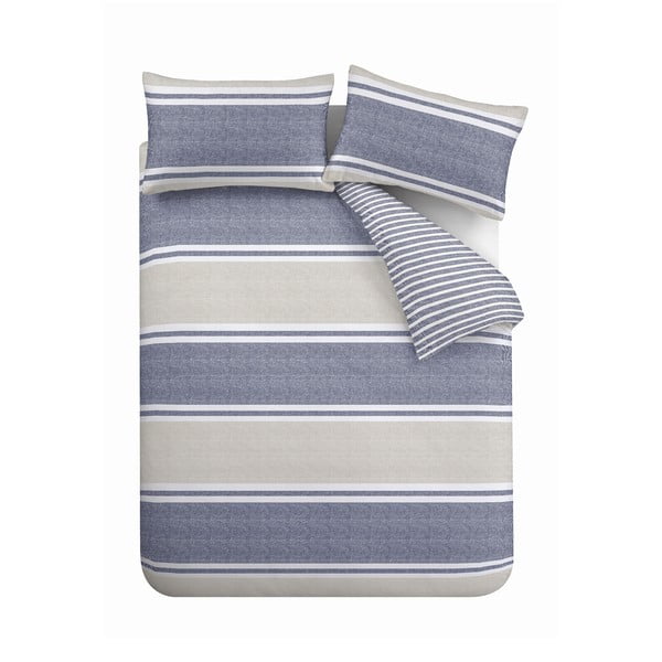 Синьо-бежово удължено спално бельо за двойно легло 230x220 cm Banded Stripe - Catherine Lansfield