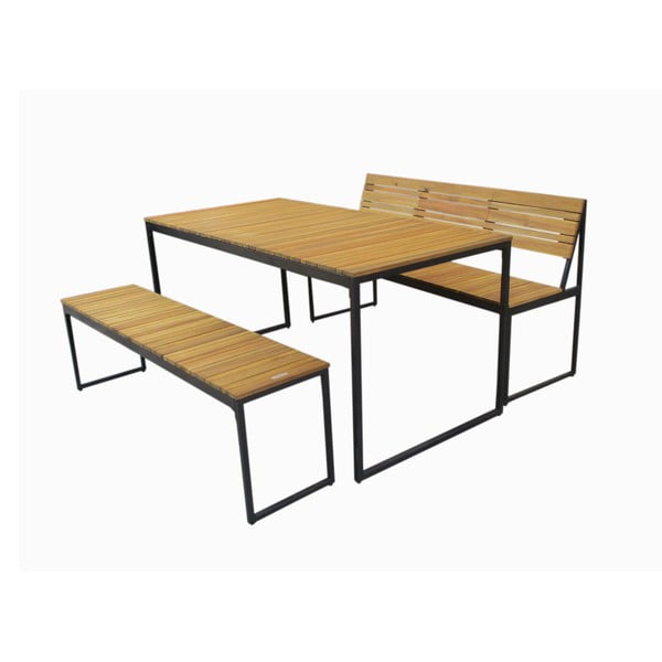 Градински комплект от маса за хранене и 2 пейки, изработени от акациева дървесина с метална конструкция - Ezeis