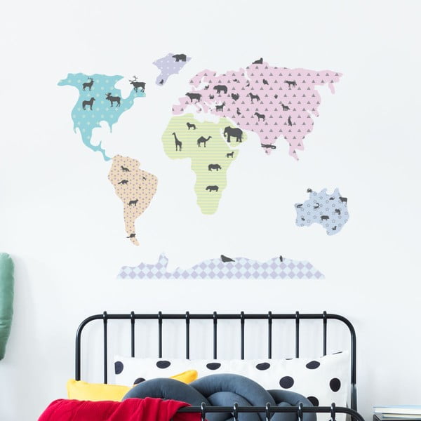 Комплект пастелни стикери за стена с карти на света и животни - Ambiance