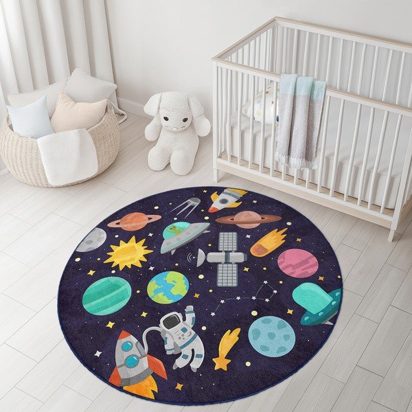 Тъмносиньо детско килимче за игра подходящо за пране ø120 cm Into The Space – Mila Home-image-2