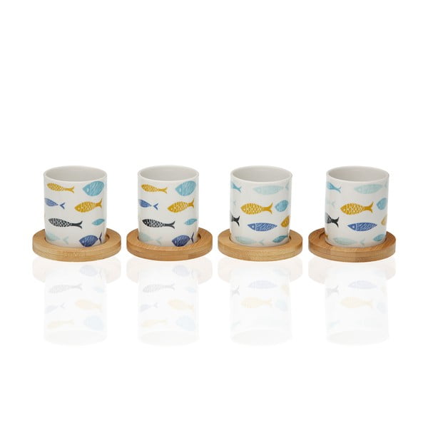 Комплект от 4 порцеланови чаши с бамбукови чинийки Blue Bay - Versa