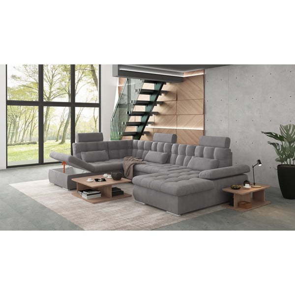 Сив разтегателен ъглов диван с място за съхранение (ляв ъгъл/U форма) Merkur – Ropez-image-4