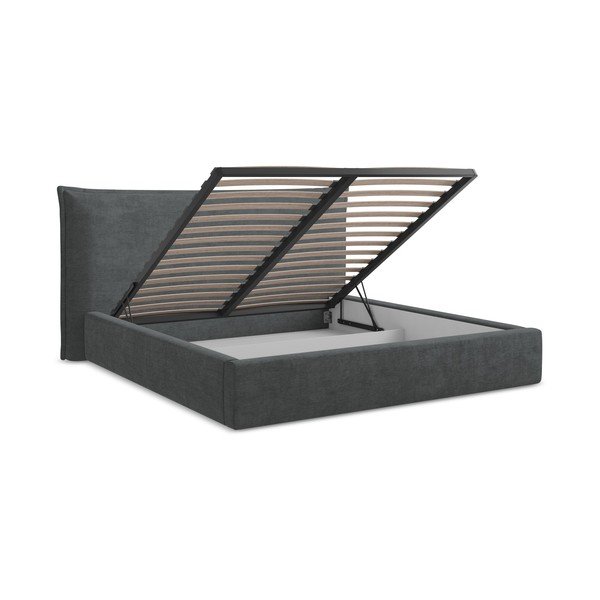 Тъмносиво двойно легло 160x200 cm тапицирано с място за съхранение с включена подматрачна рамка Esala – Makamii-image-3