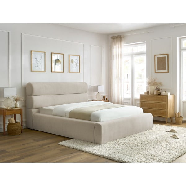 Бежово тапицирано двойно легло с място за съхранение с решетка 160x200 cm Jagna - Bobochic Paris-image-3