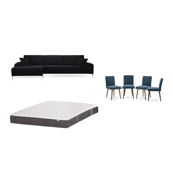 Комплект от черен диван с шезлонг вляво, 4 сини стола и матрак 160 x 200 cm - Home Essentials